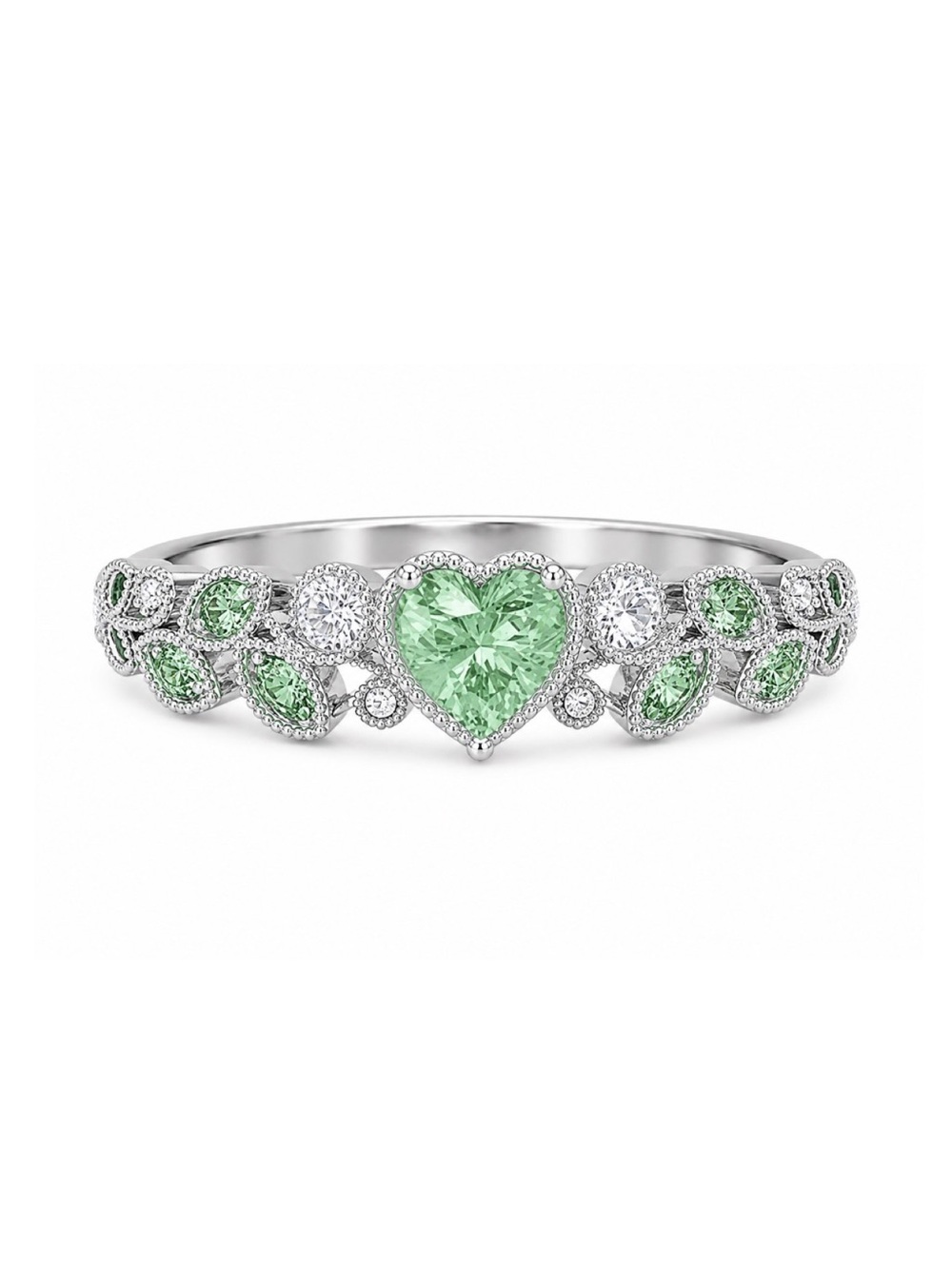 Green Heart CZ Ring Silver Tone – Vintage Style Sparkly Statement Band